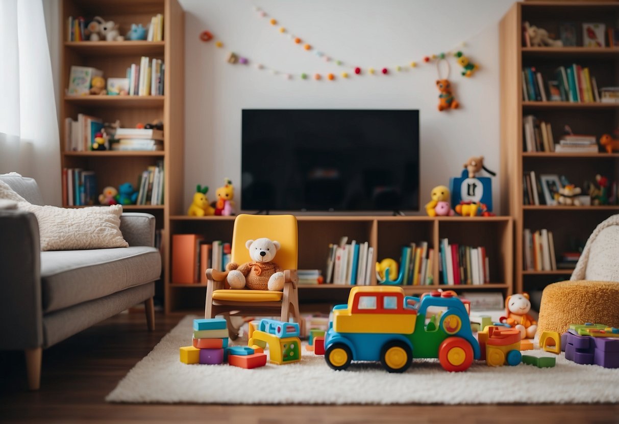 A cozy living room with colorful toys scattered on the floor, a bookshelf filled with children's books, and a comfortable rocking chair for reading