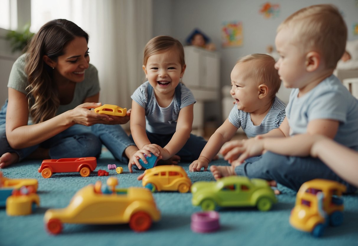 A group of babies and caregivers engage in interactive activities, using gestures and facial expressions to communicate. Toys and books related to baby sign language are scattered around the room