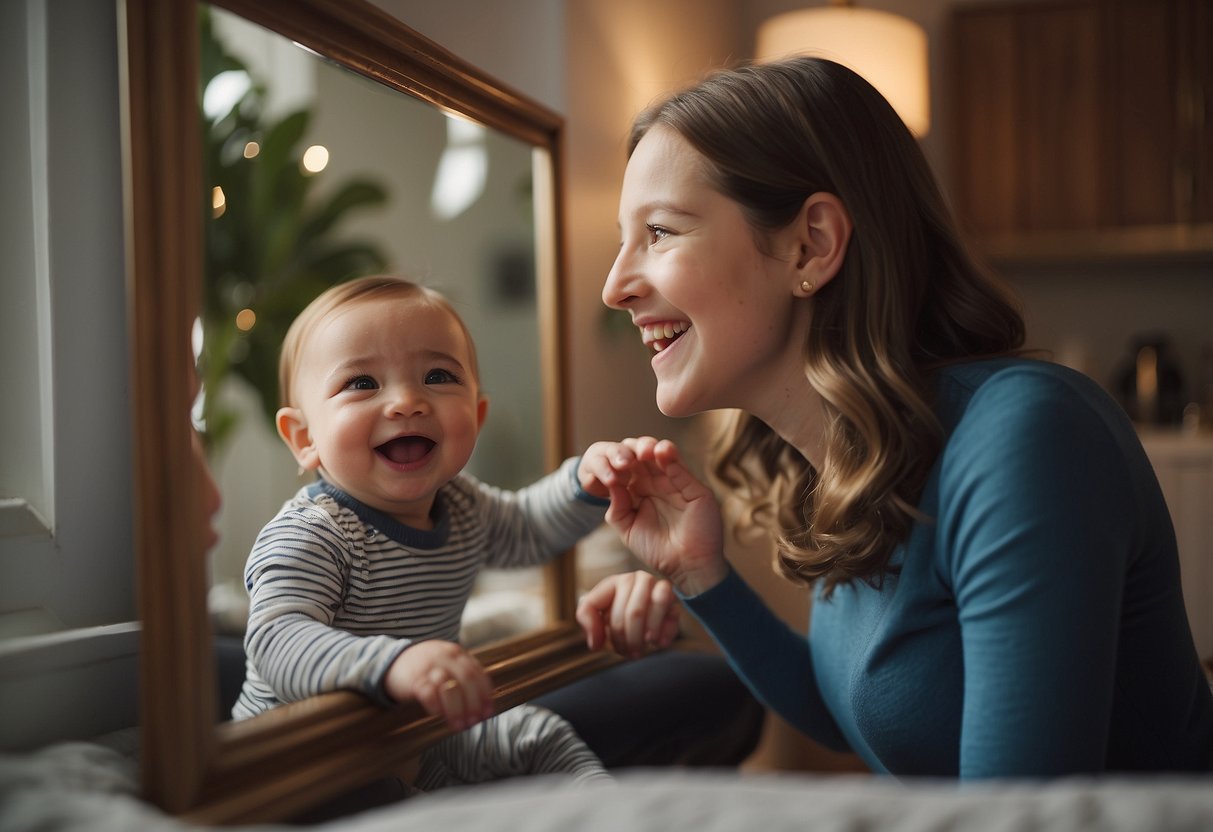 A baby reaching for their reflection in a mirror, smiling and babbling, while a caregiver encourages interaction and responds to the baby's cues