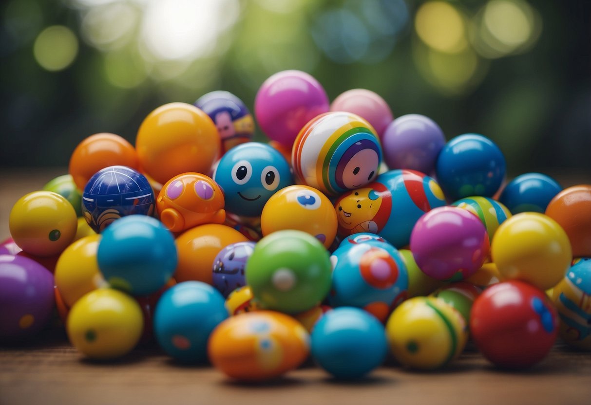 A group of colorful toys arranged in a circle, with one toy hiding behind another. The toys are positioned to create a sense of curiosity and anticipation, representing the concept of playing peekaboo