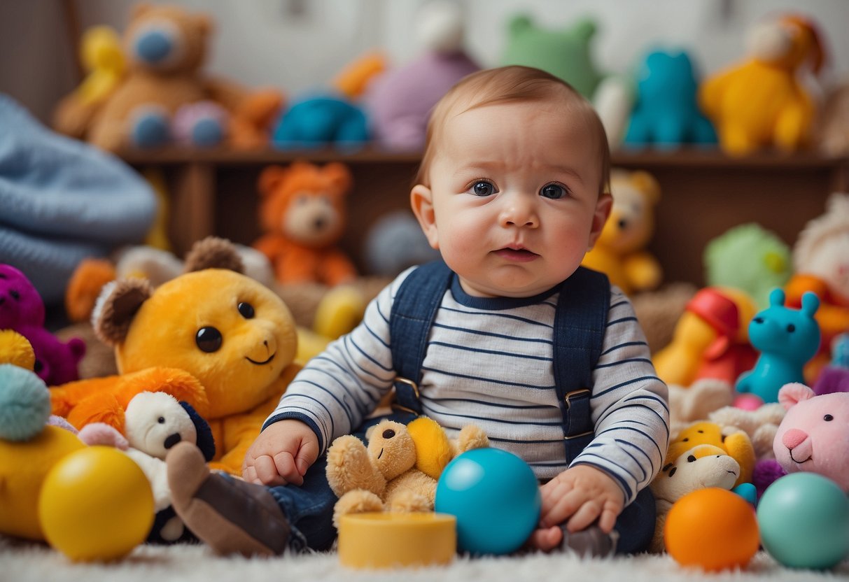 A baby surrounded by colorful toys, feeling different textures, listening to soothing music, smelling various scents, and tasting different foods