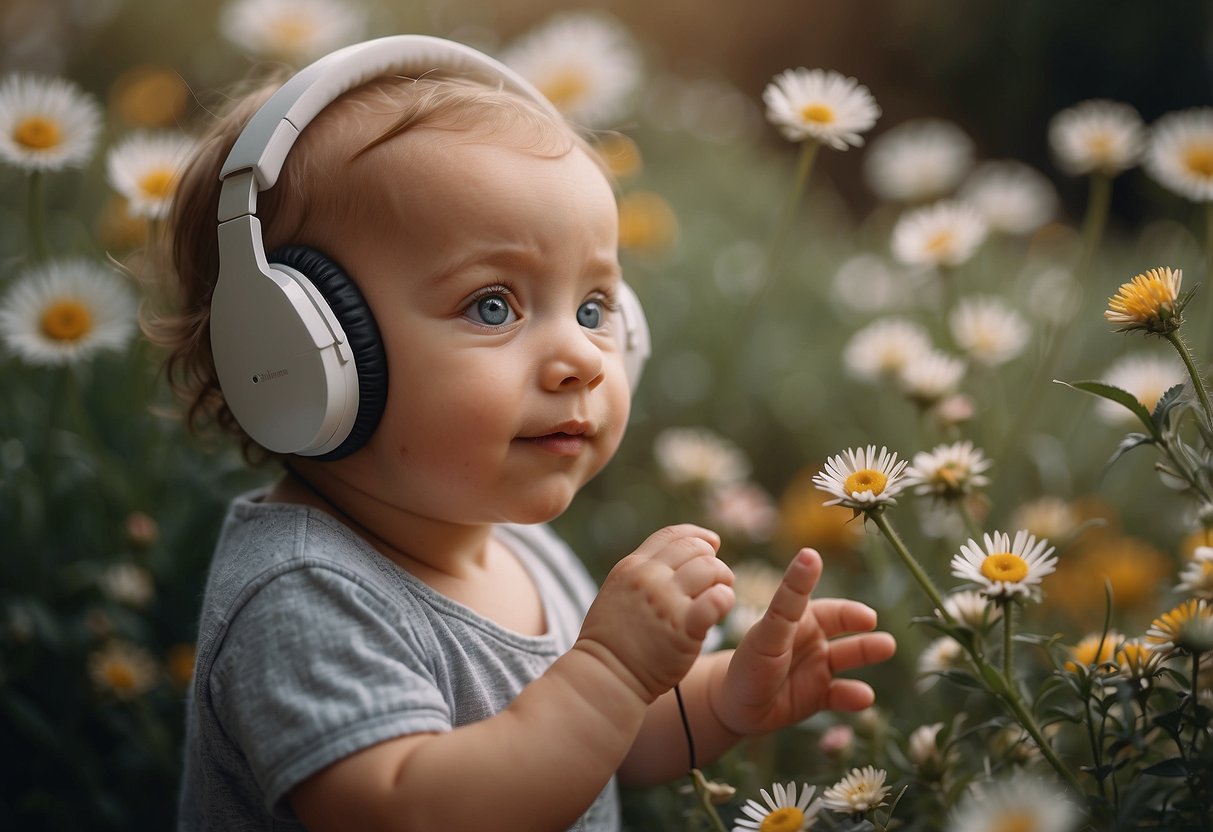 A baby reaching out to touch different textures, smelling flowers, and listening to music with wide eyes and a curious expression