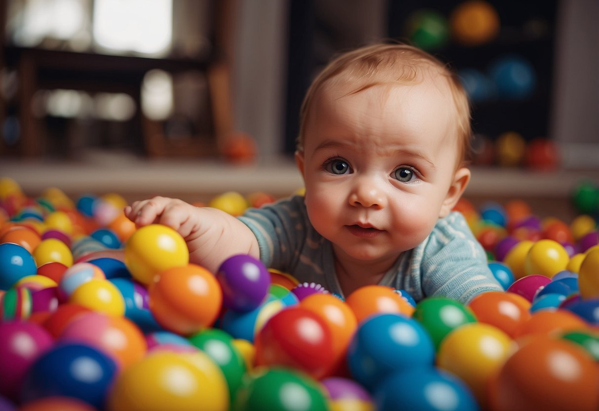 A baby reaching for colorful toys, with a look of curiosity and excitement on their face. The toys are scattered around, inviting exploration