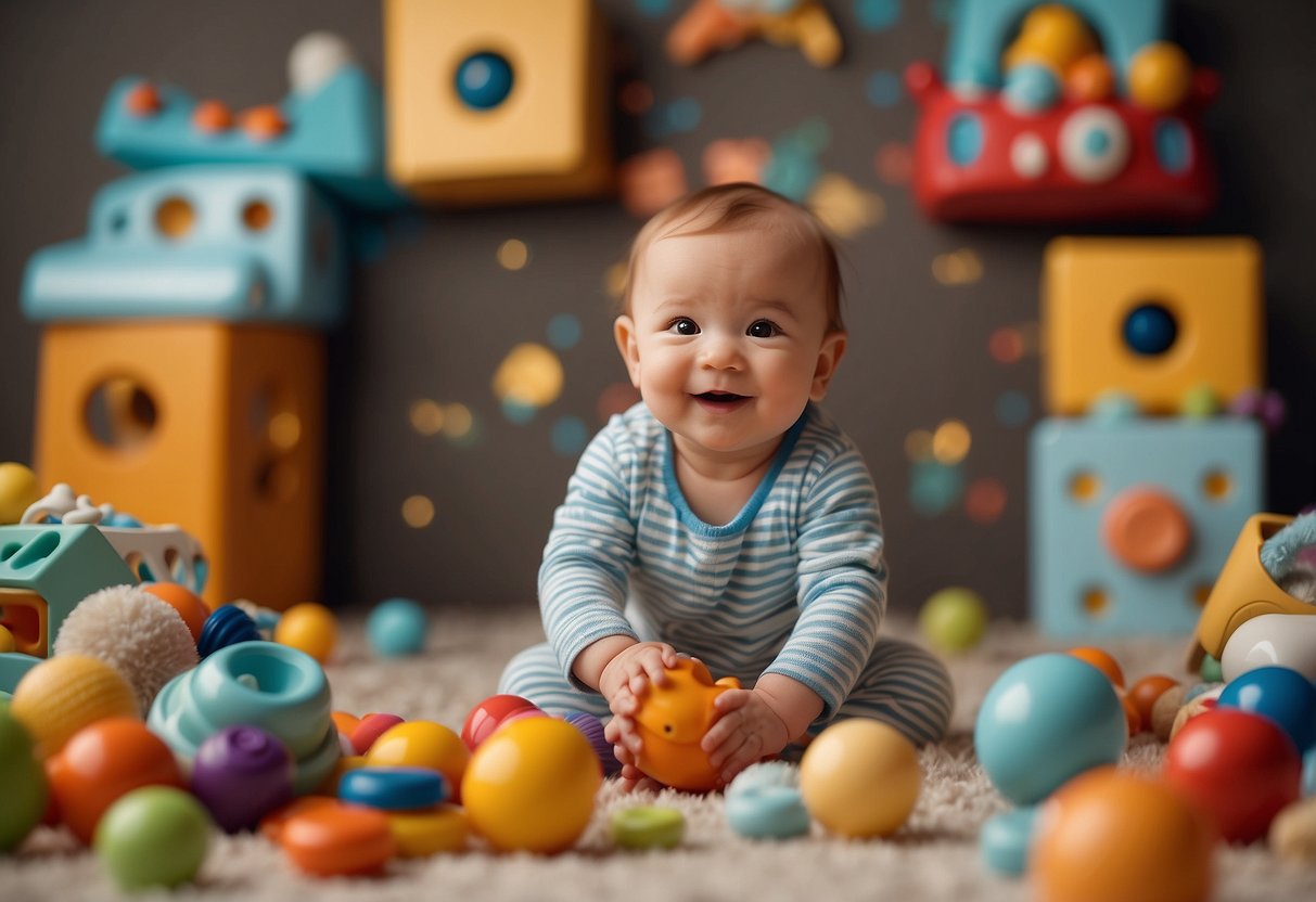 A baby surrounded by colorful toys, reaching out to touch and explore different textures, while making happy sounds