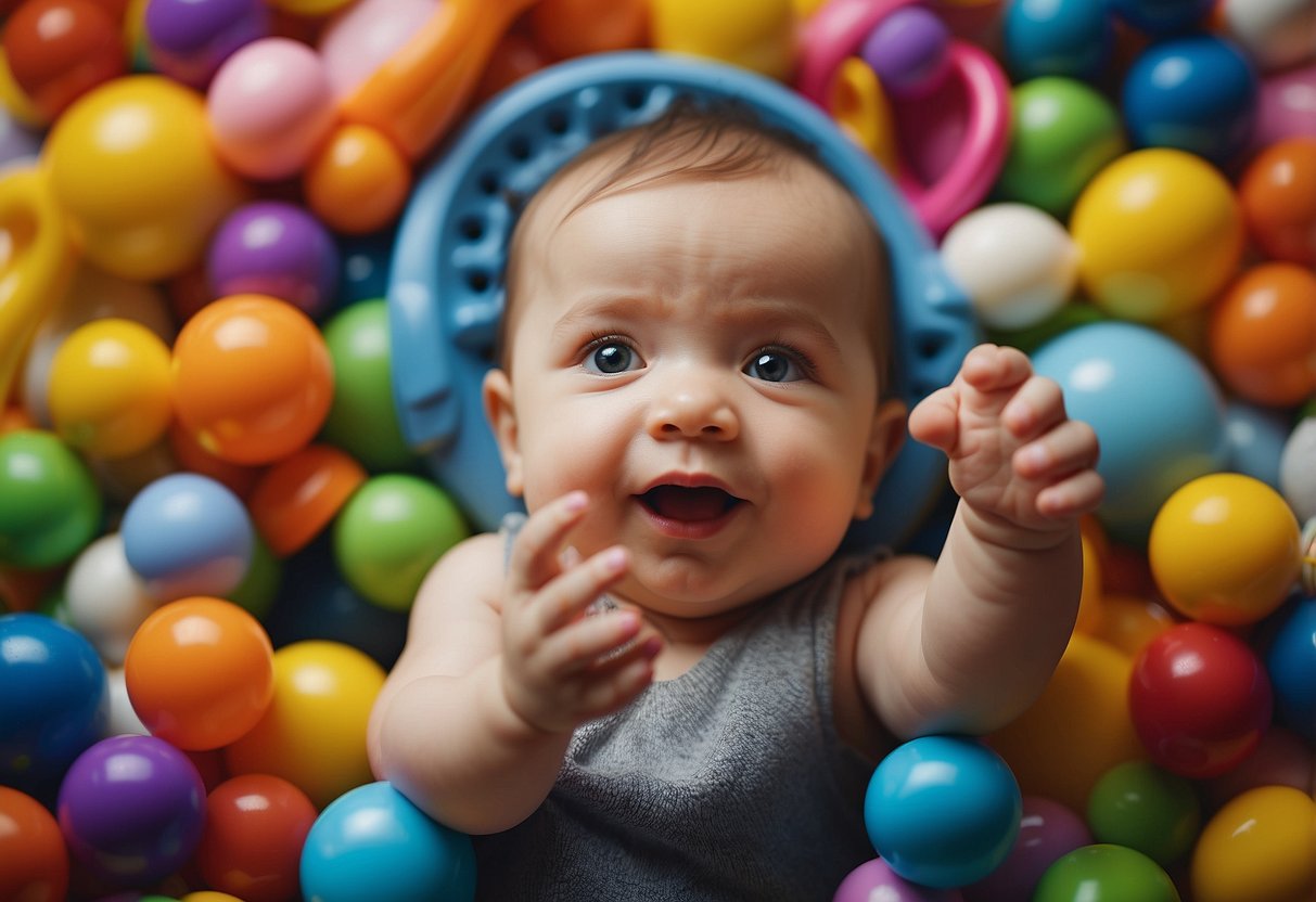 A baby surrounded by colorful toys, reaching out to touch and explore different textures with a curious expression on their face