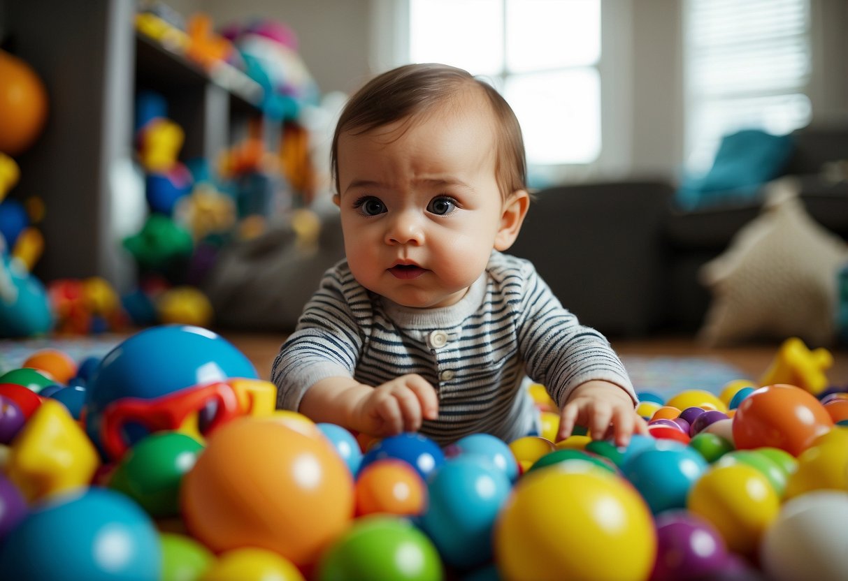 A baby surrounded by colorful toys, reaching out to touch and explore different textures, while gazing at bright, contrasting patterns