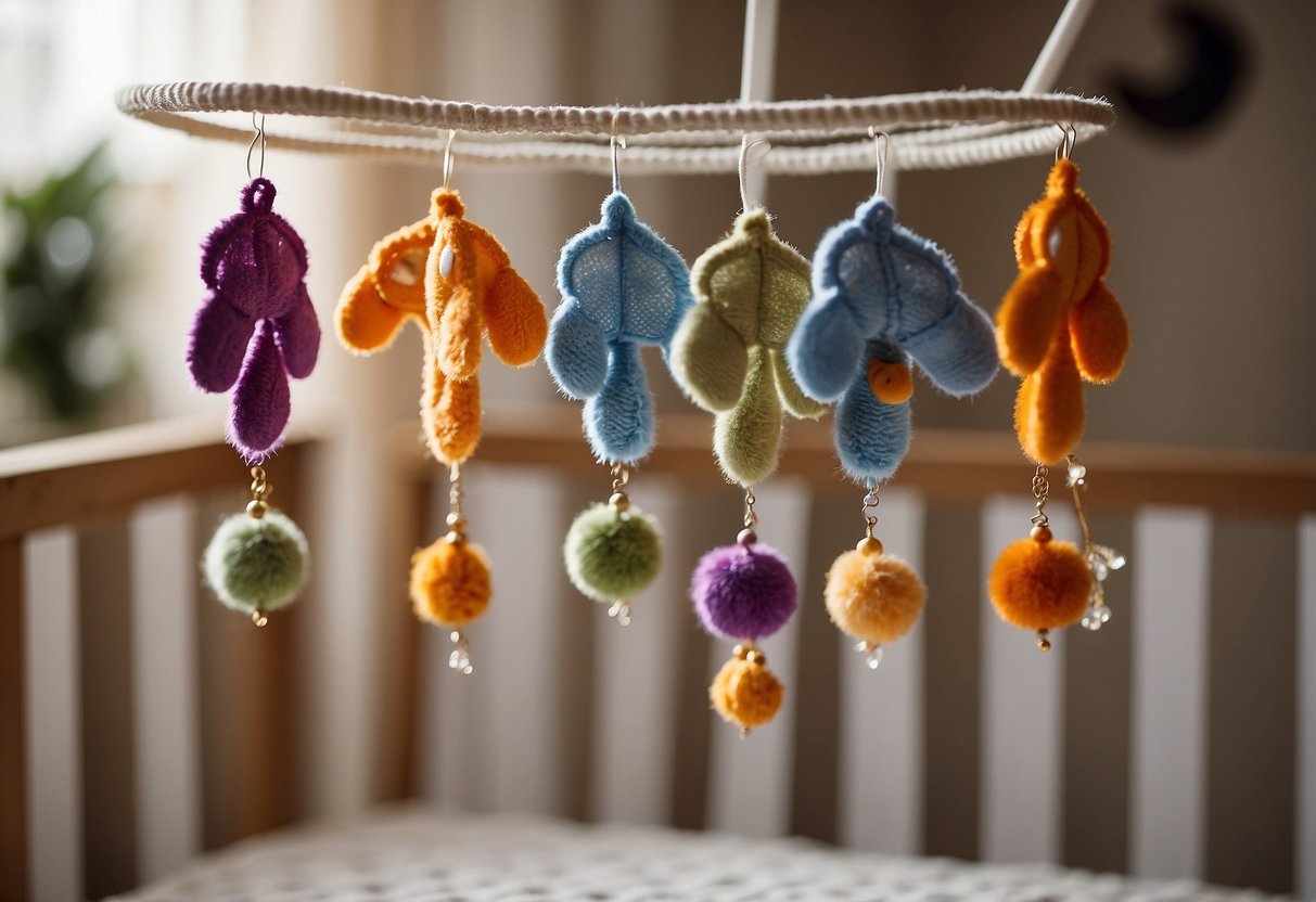 A colorful mobile dangles above a crib, swaying gently in the breeze. Soft, textured toys line the edges, inviting exploration. A plush rug features different textures for little feet to explore. A variety of musical instruments sit within reach, ready to