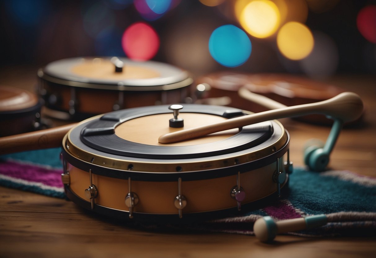 Colorful musical instruments scattered on a soft, textured mat. A baby reaches out to touch a shiny tambourine, while a rattle and xylophone sit nearby. Bright lights and soft music fill the air