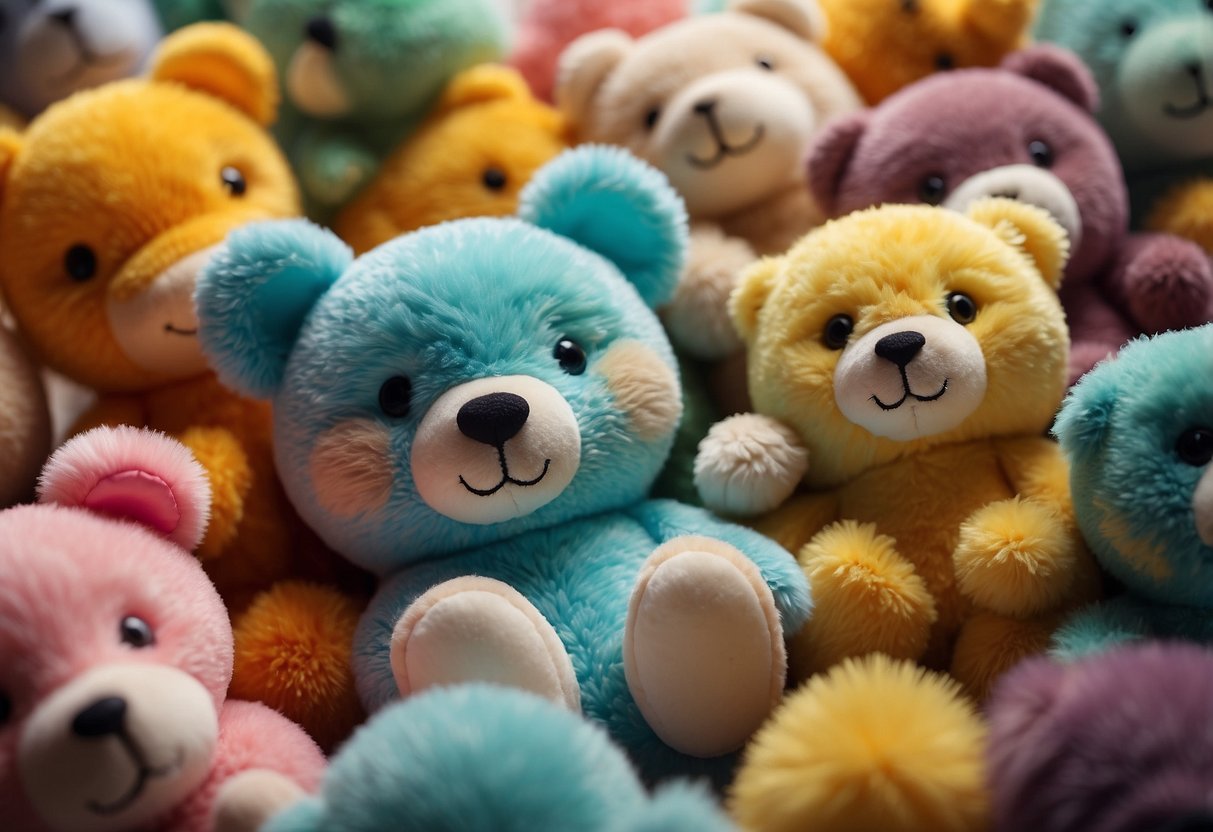 Colorful scented soft toys arranged in a circular pattern on a soft, textured surface. Each toy emits a different fragrance, creating a sensory-rich environment for a baby to explore