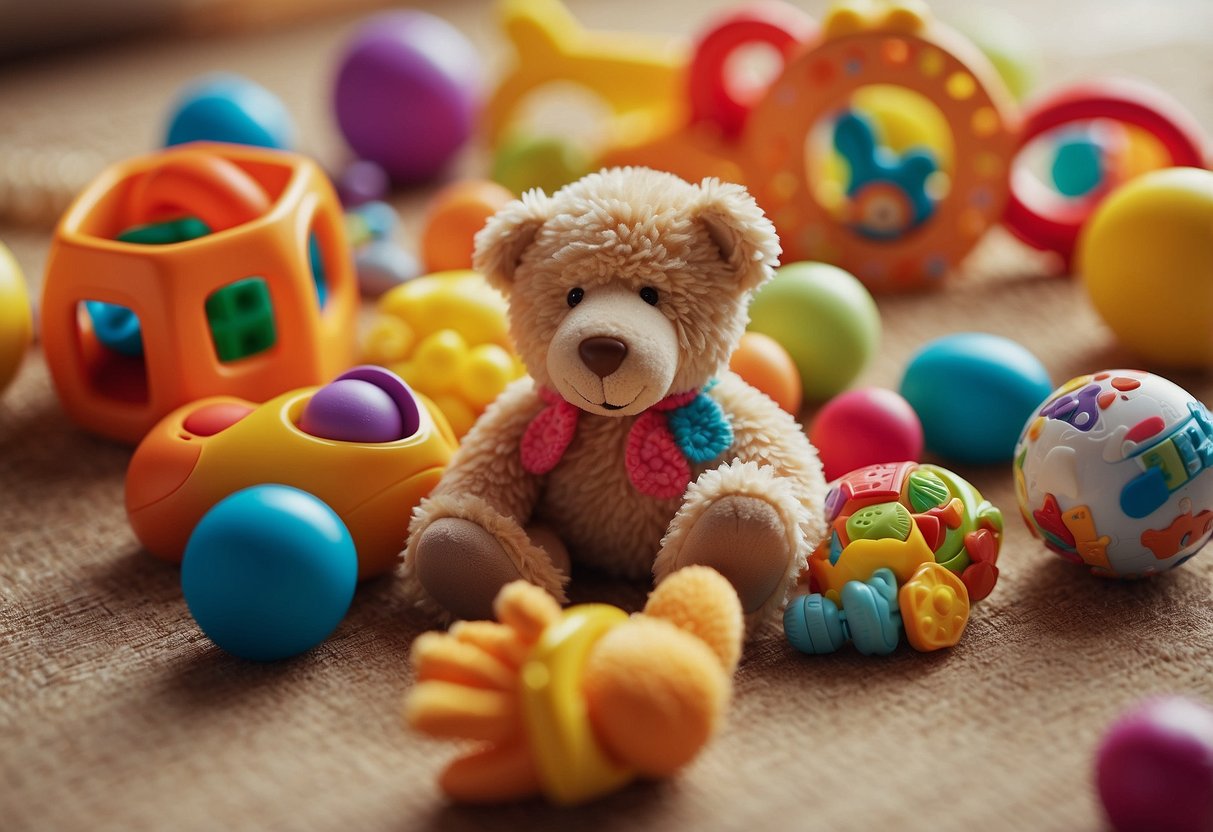 Brightly colored toys scattered on a soft, textured mat. A baby reaching out to grab and explore the different shapes and textures. A variety of sensory items like rattles, crinkly toys, and soft fabrics provide endless entertainment