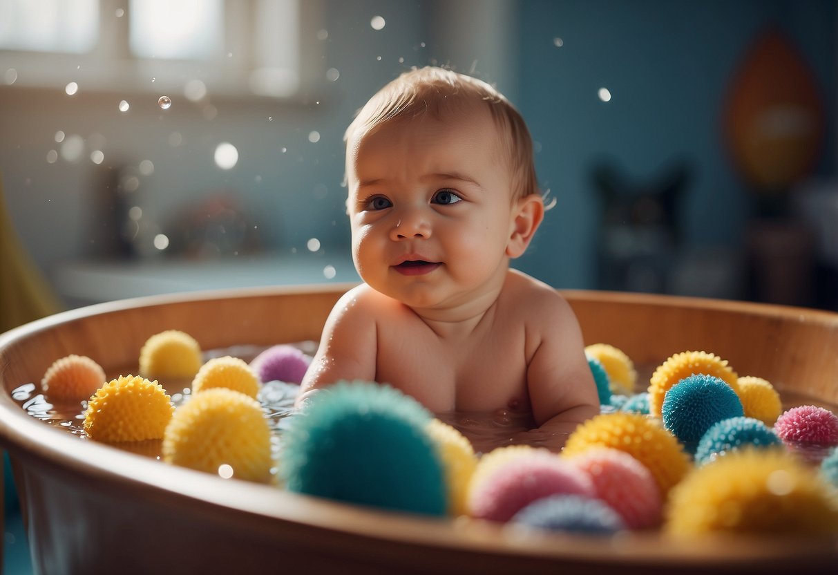 A baby sits in a shallow tub, surrounded by colorful sponges. Water droplets fly as the baby squeezes and splashes, enjoying sensory play