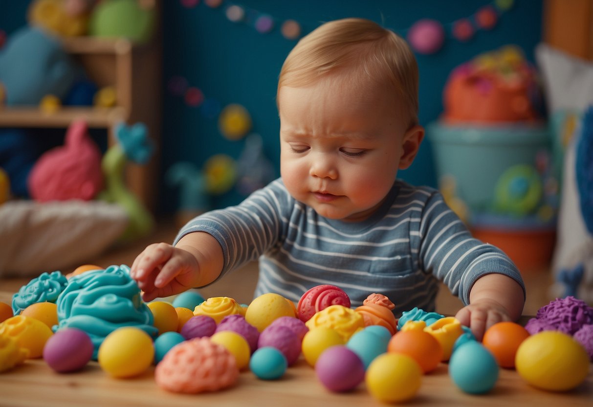 A baby playing with scented playdough, surrounded by colorful sensory toys and textures. The playdough is being squished and molded, releasing a delightful aroma