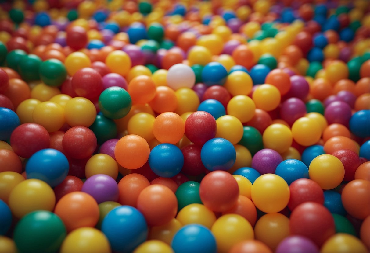 A colorful ball pit filled with soft, squishy balls, surrounded by various sensory toys and textures. Bright, inviting, and safe for babies under 12 months to explore and play