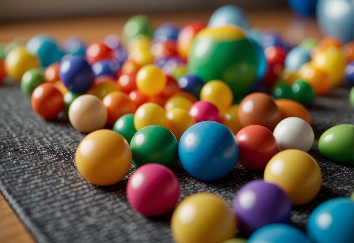 Colorful toys scattered on a soft, textured mat. A variety of textures, shapes, and sizes invite exploration. Light streaming in from a nearby window highlights the engaging play area