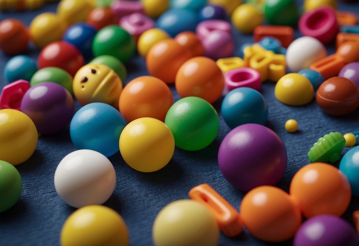 Brightly colored toys scattered on a soft, textured mat. A variety of shapes and textures invite touch and exploration. Different sizes and materials provide tactile stimulation for sensory development