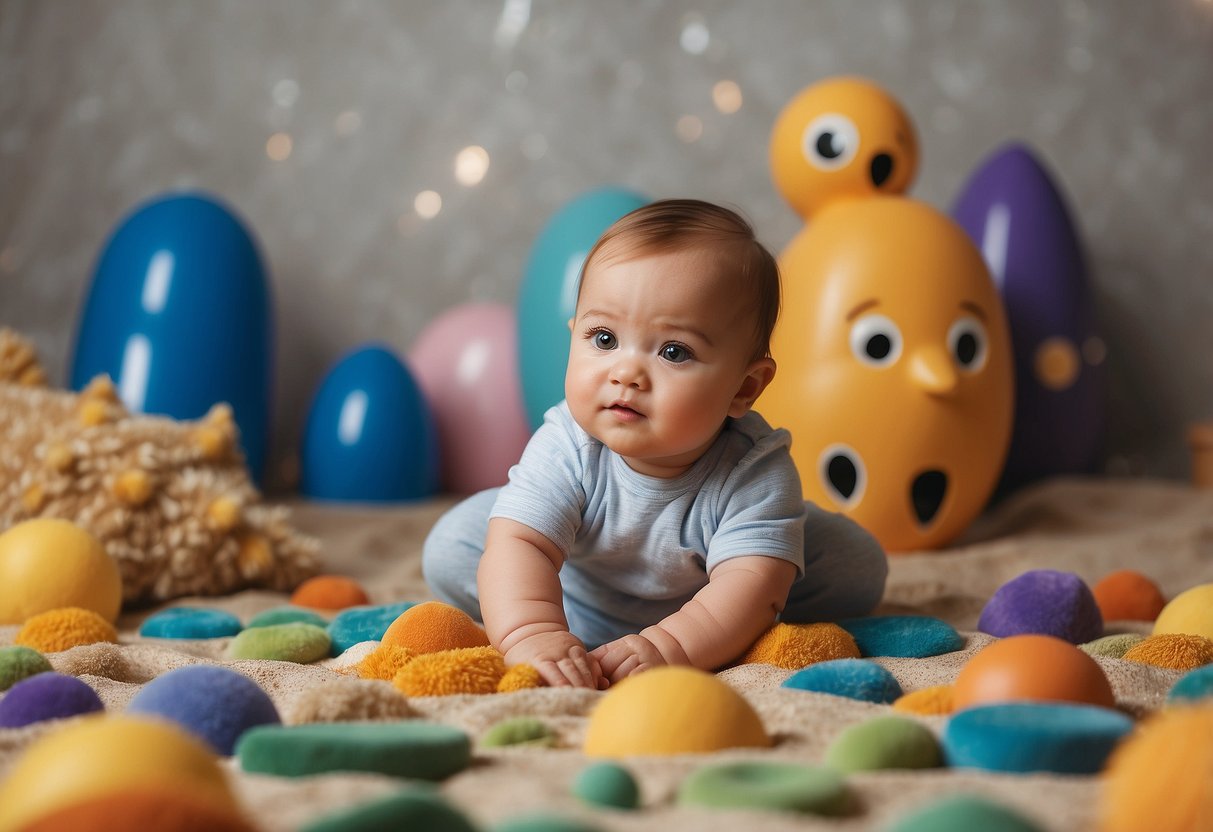 A baby surrounded by various textures, colors, and shapes. They are exploring different materials such as water, sand, and fabric through touch, sight, and sound