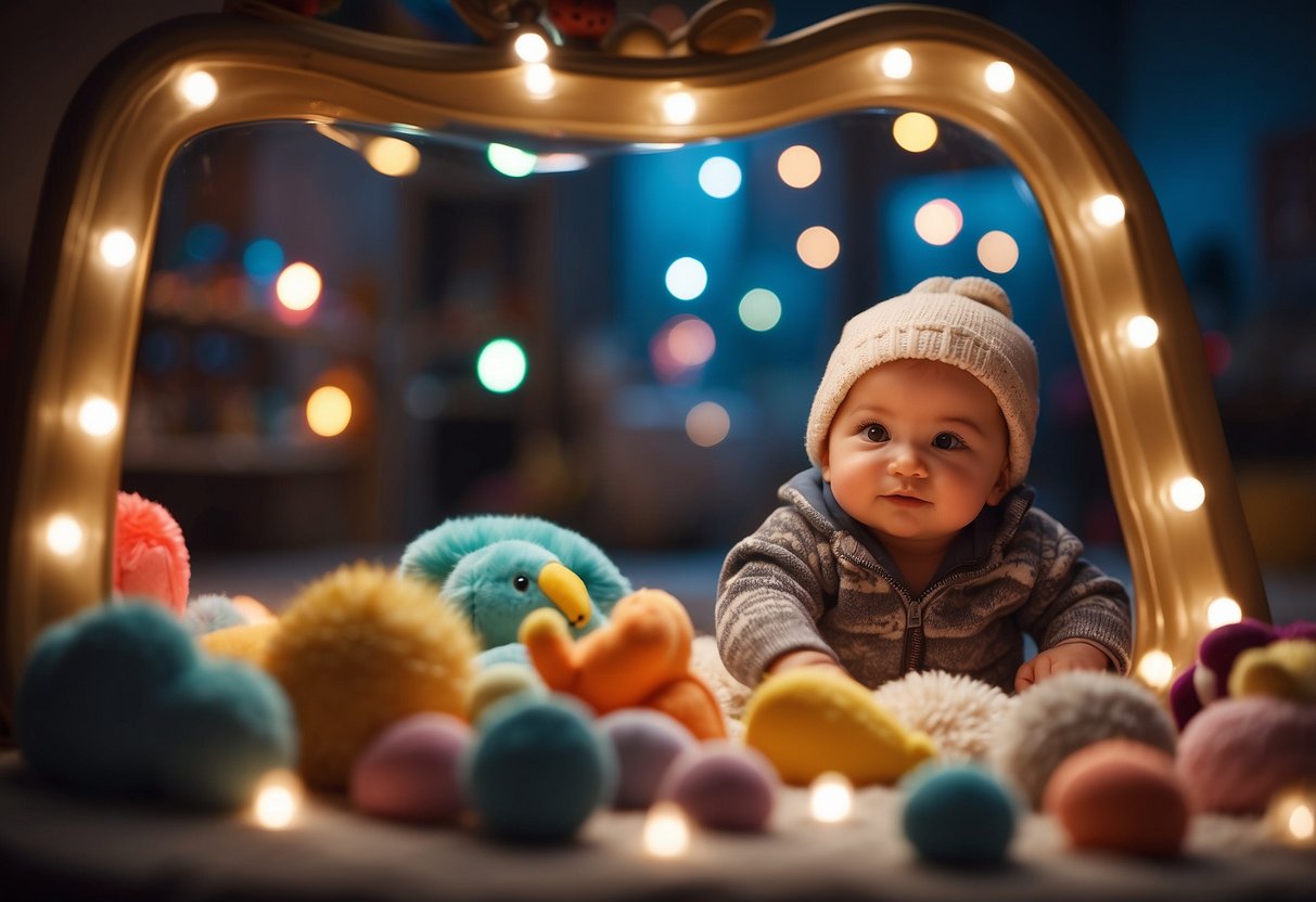 A baby-safe mirror reflects colorful toys and soft textures in a cozy play area, surrounded by gentle music and soft lighting