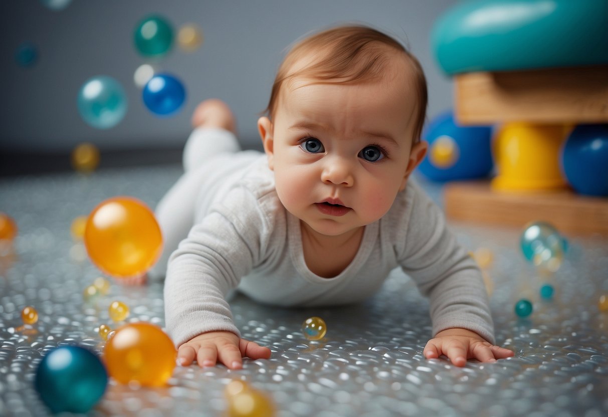 A baby stomps on bubble wrap, creating satisfying popping sounds. Surrounding the baby are various sensory play activities, such as colorful toys and textured materials