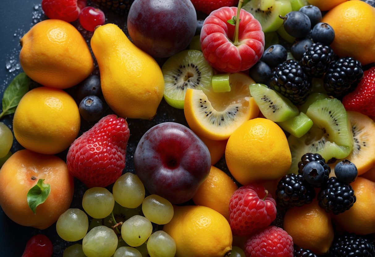 A variety of frozen fruits scattered on a smooth surface, surrounded by colorful sensory play materials such as textured fabrics, soft brushes, and silicone molds