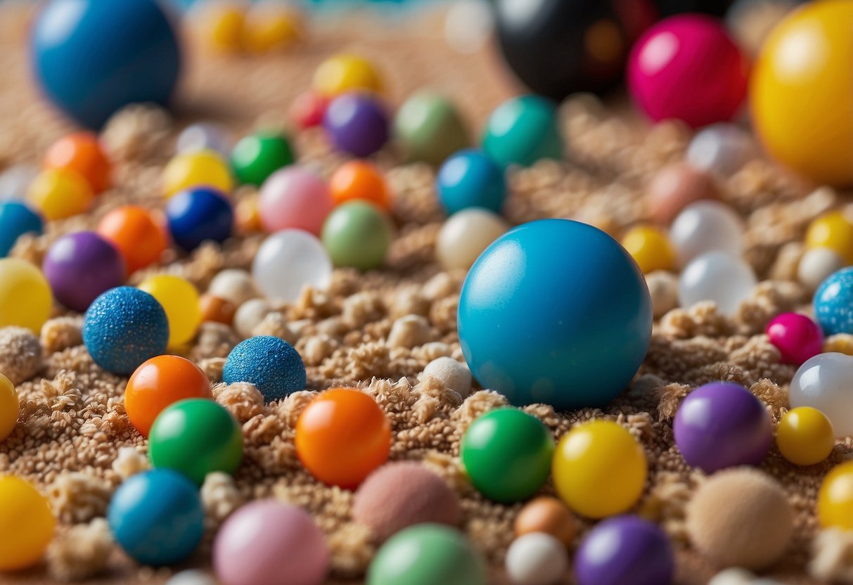 Various sensory play materials scattered on a soft, colorful mat. A baby-safe mirror, textured balls, and squishy toys are arranged for exploration