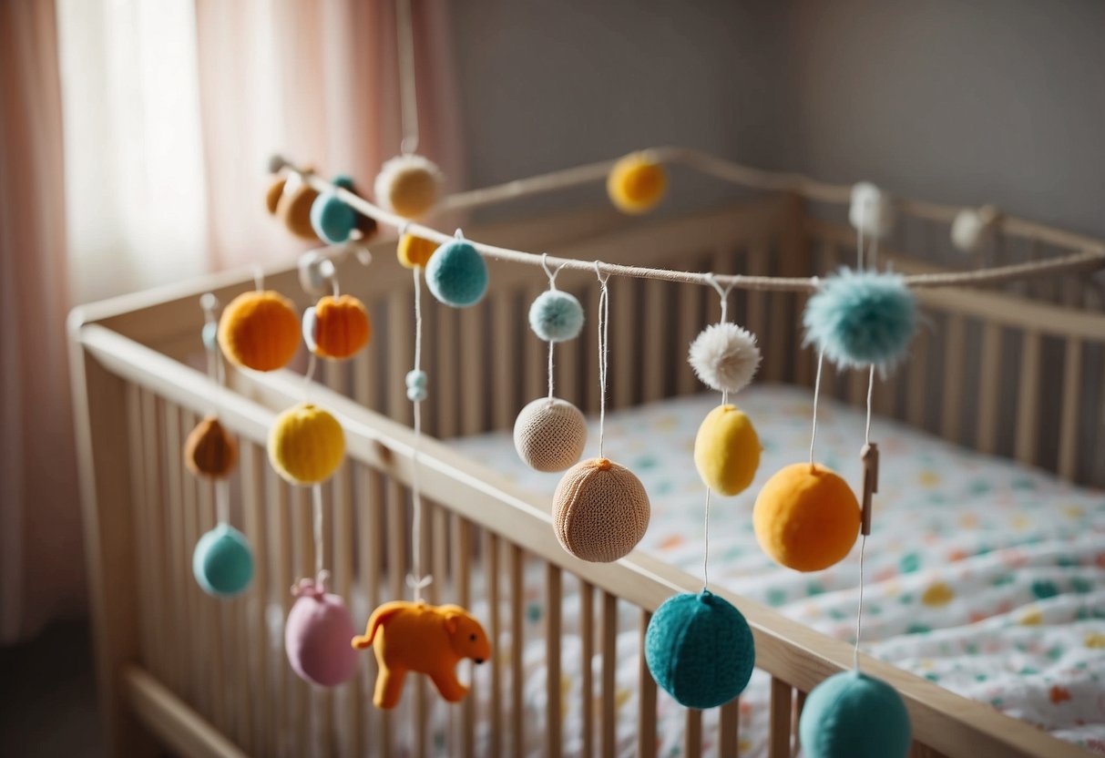 Colorful mobiles hang above a crib, while a soft, textured blanket lies nearby. A variety of toys with different shapes and sounds are scattered around the room