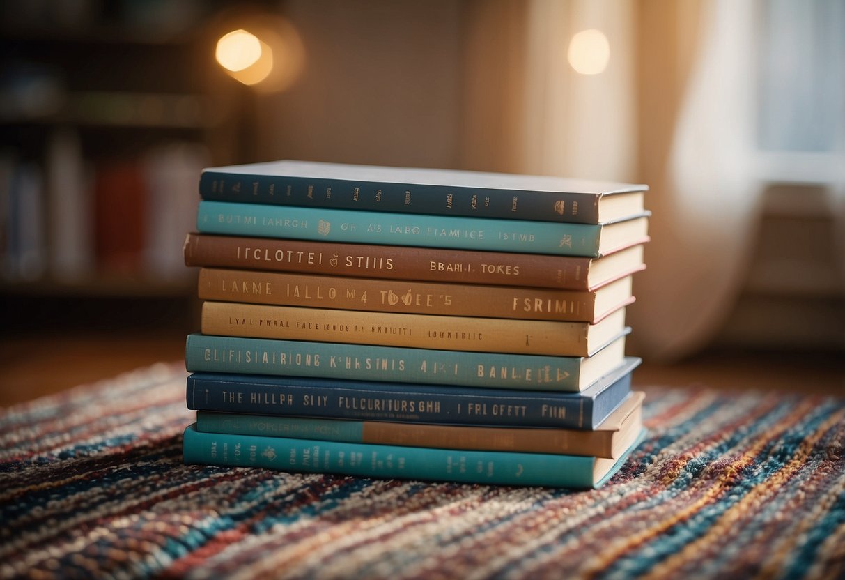 A stack of textured books sits on a soft, colorful rug. A baby's hand reaches out to touch the different textures, engaging their senses