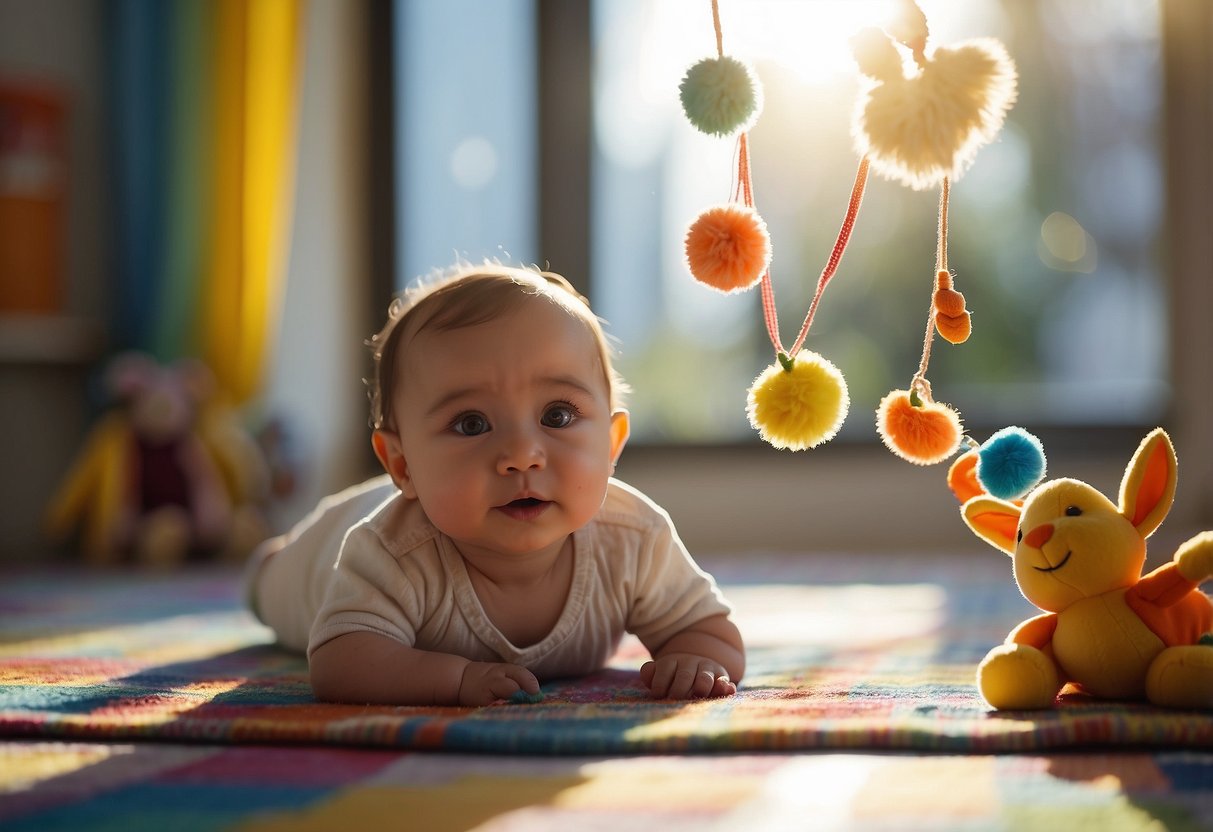 Baby lies on a colorful mat, surrounded by toys. The sun shines through a window, casting soft light on the scene. A mobile dangles above, with bright, contrasting colors and shapes