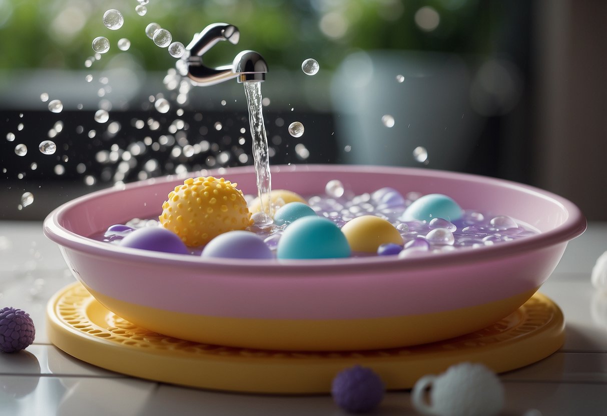 The baby's bath time scene includes colorful bath toys, floating bubbles, and scents of lavender and chamomile filling the air