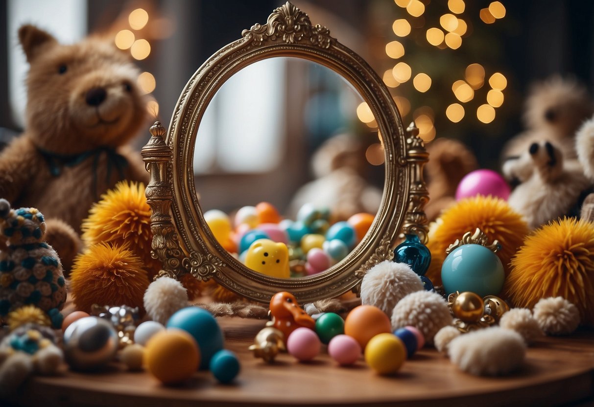 A colorful and engaging baby-safe mirror surrounded by various stimulating toys and textures