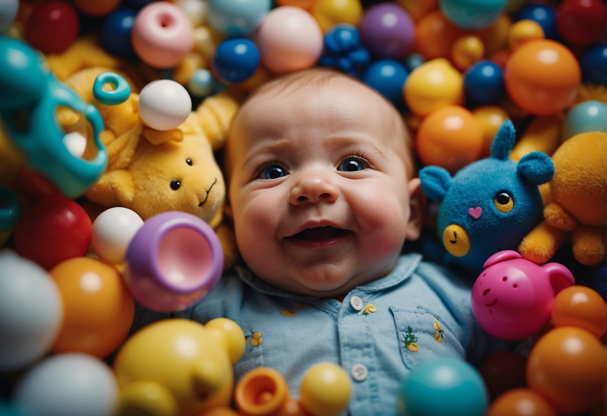 Brightly colored toys, soft textures, and varied sounds surround a smiling baby. They reach for objects, explore with curiosity, and react to different stimuli with interest