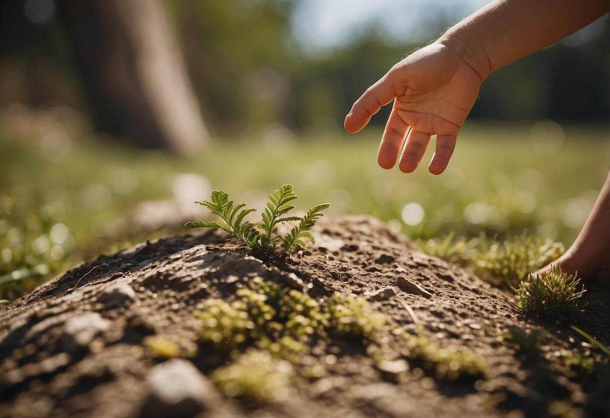 A baby's hand reaching out to touch various textures, objects, and surfaces, showing curiosity and exploration in a calm and gentle manner