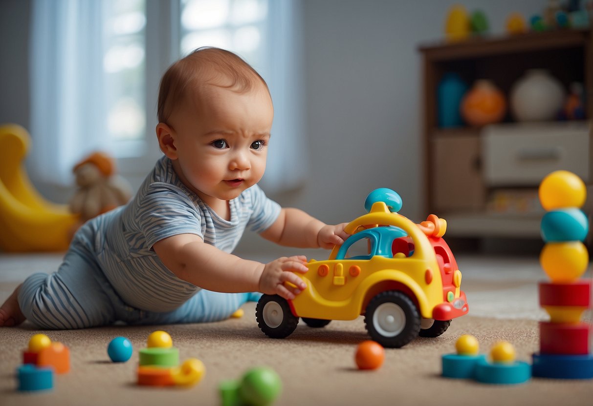 A baby reaches for and explores colorful toys, showing curiosity and coordination in their movements