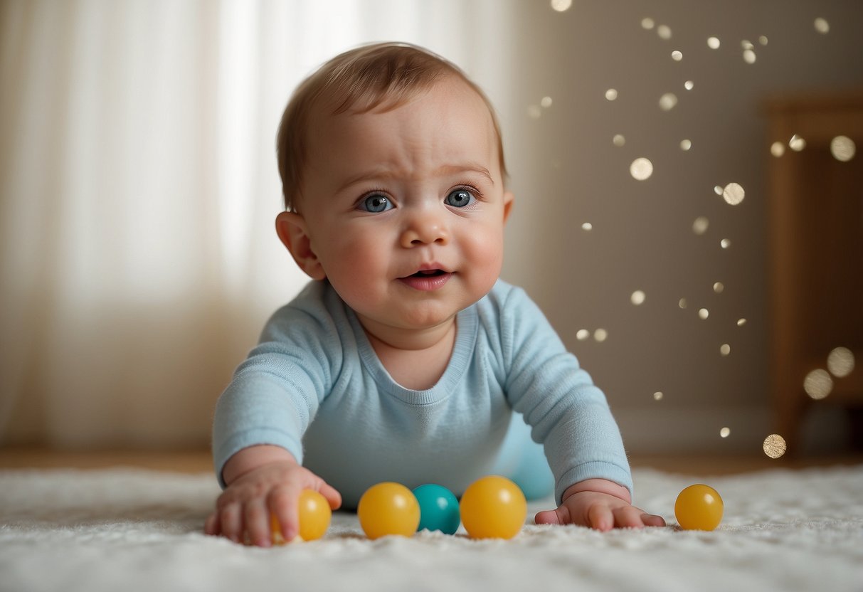 A baby reaches for various objects, showing signs of healthy sensory development