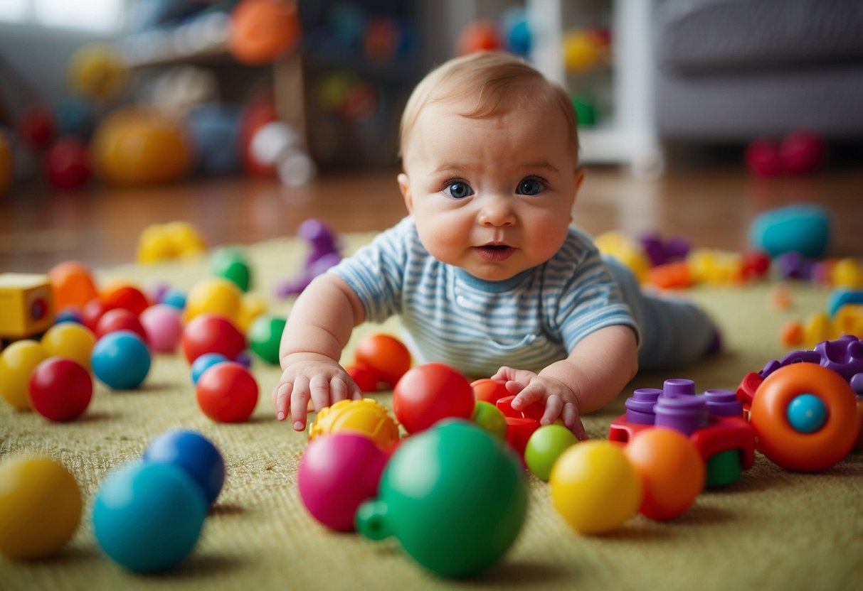 Brightly colored toys scattered on a soft, textured mat. A baby reaching for a rattle, while others explore with their mouths and eyes