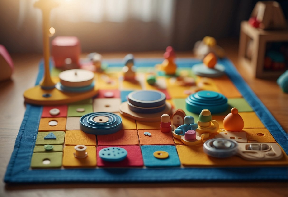 A colorful play mat with various textures, a mobile with different shapes and sounds, soft toys of different sizes, and a variety of musical instruments