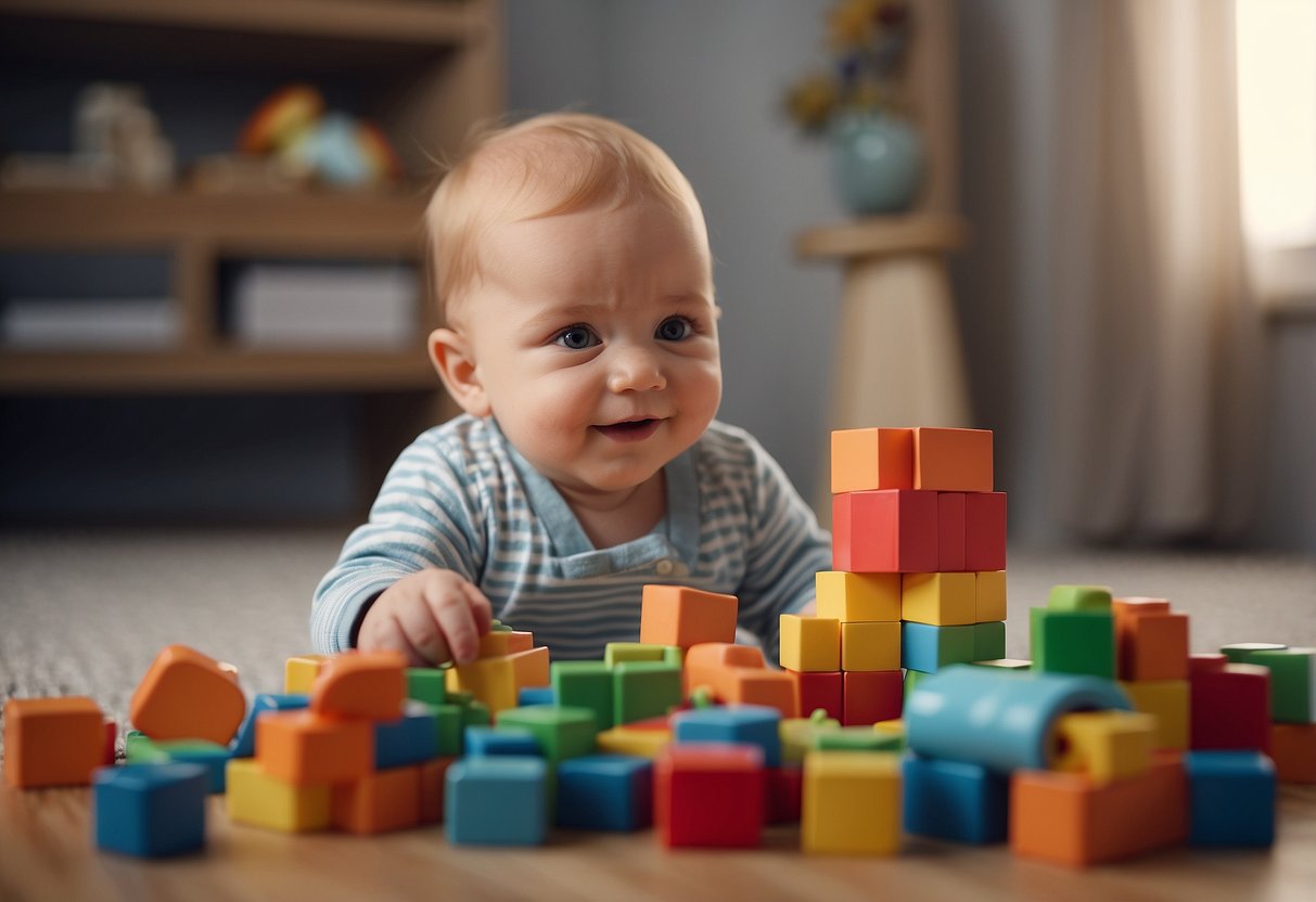 A baby playing with colorful blocks, stacking and sorting shapes, grasping and releasing toys, and turning pages of a board book