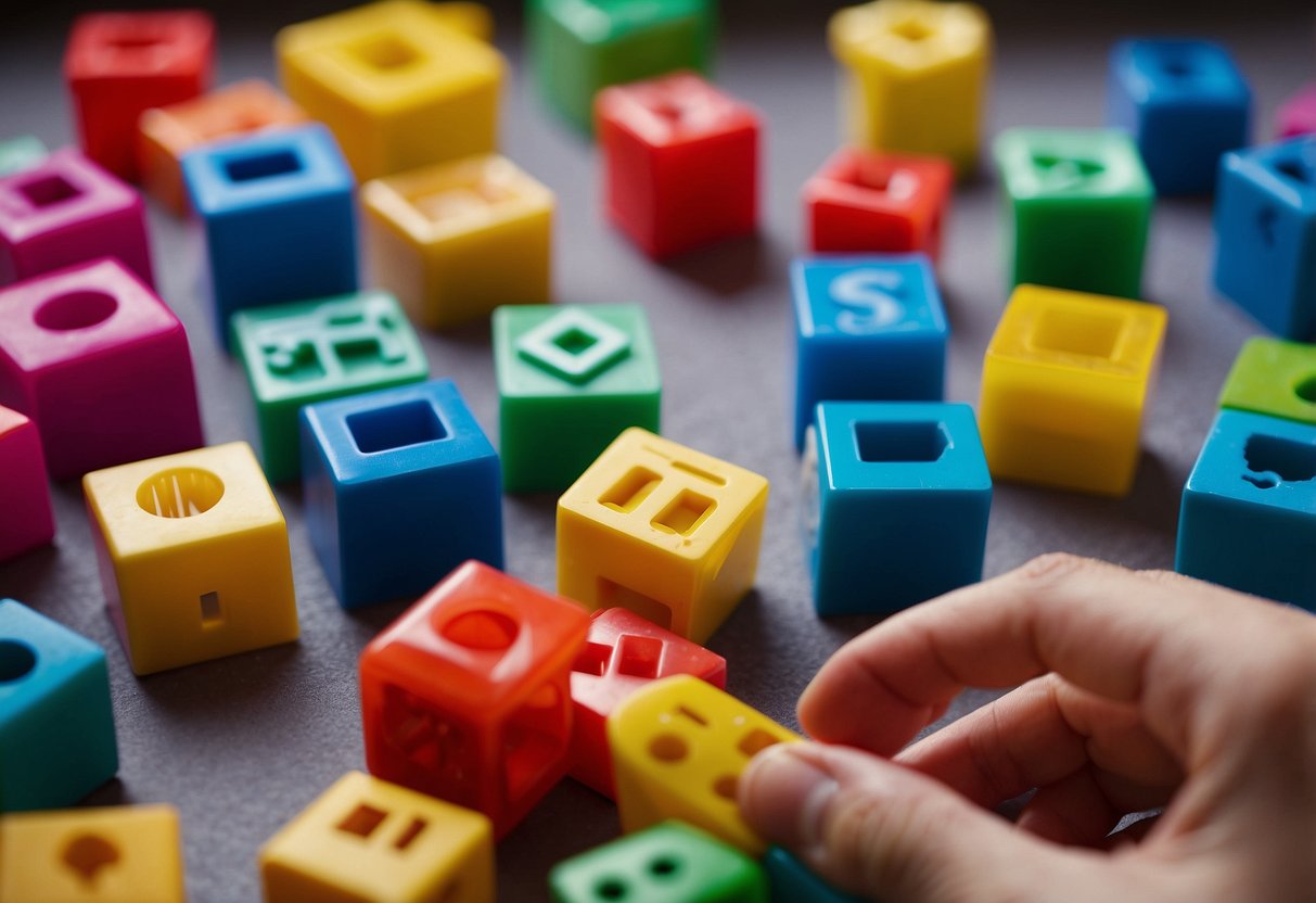 Brightly colored shape sorter with various shapes and slots. Baby's hand reaching to place a shape in the correct slot. Toys scattered around