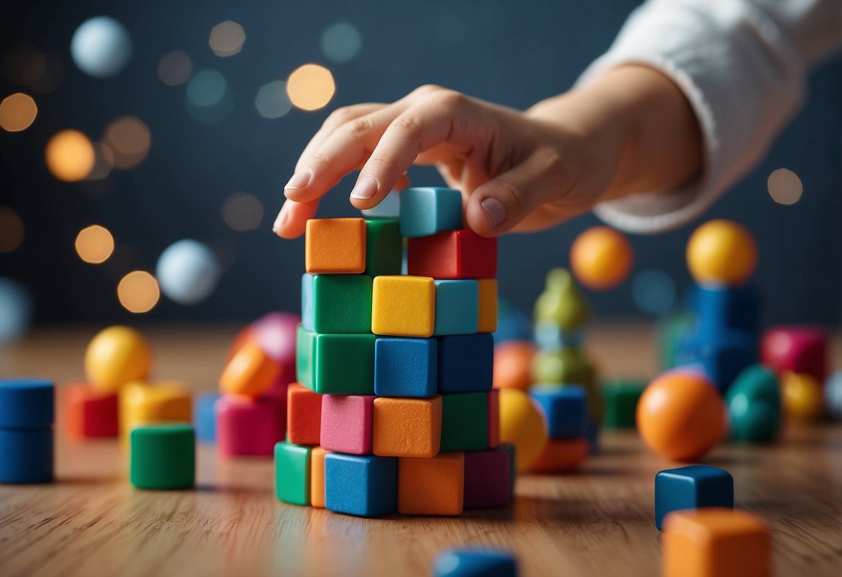 Colorful baby blocks arranged in a circle, with a small hand reaching out to grab one. A soft blanket and toys scattered around