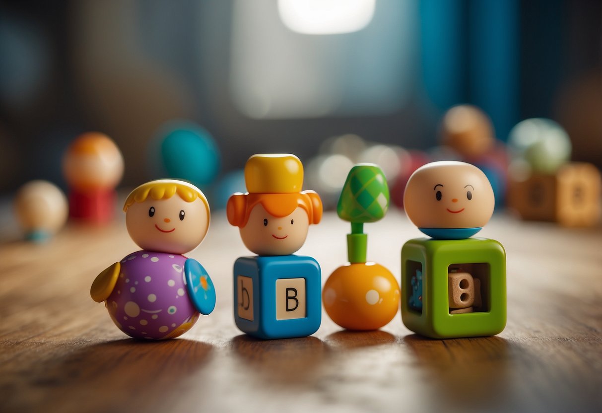 The scene depicts various objects such as blocks, toys, and small items arranged in a playful and engaging manner to encourage dexterity development in babies