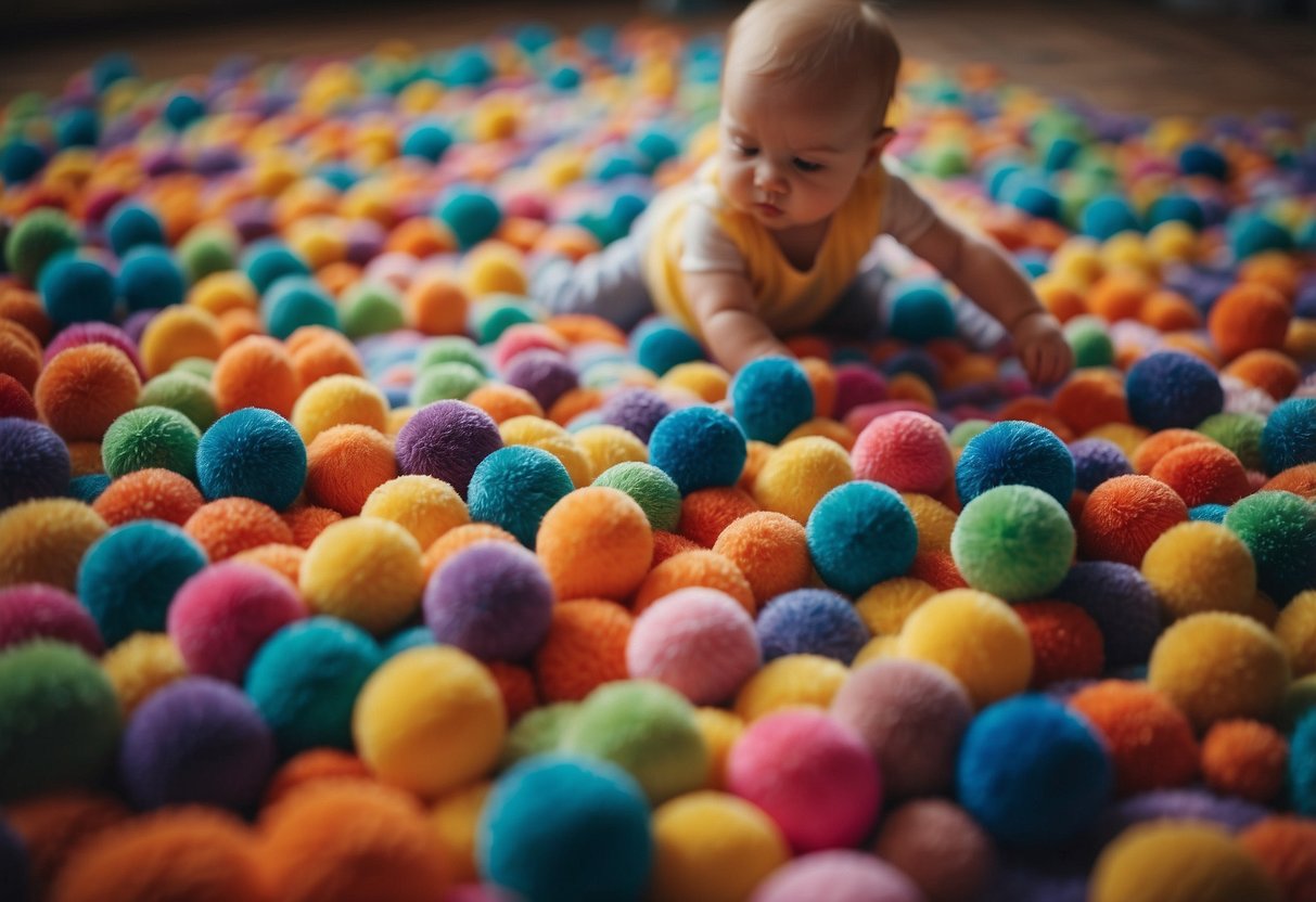 Colorful sensory balls scattered on a soft, padded mat. A baby reaching out to grab one, surrounded by various textures and shapes