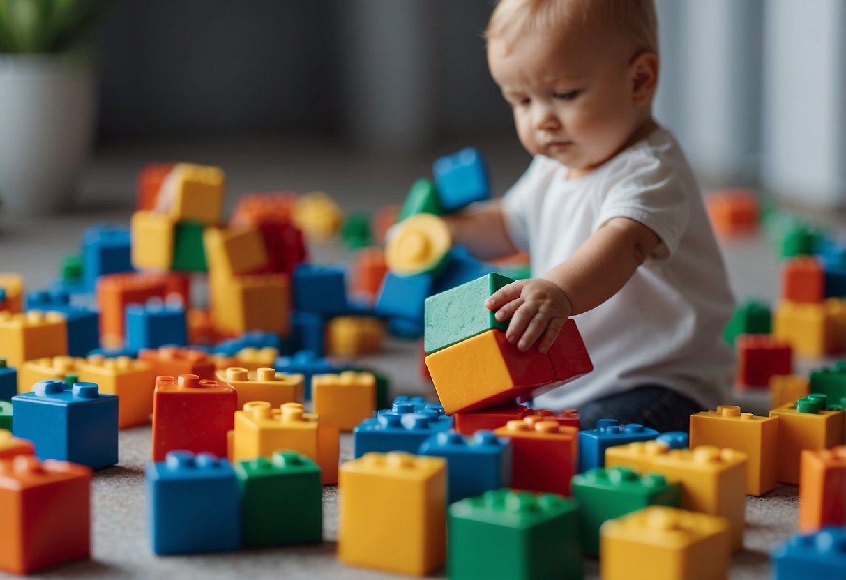 Colorful soft building blocks scattered on a soft surface, with a baby reaching out to grab one