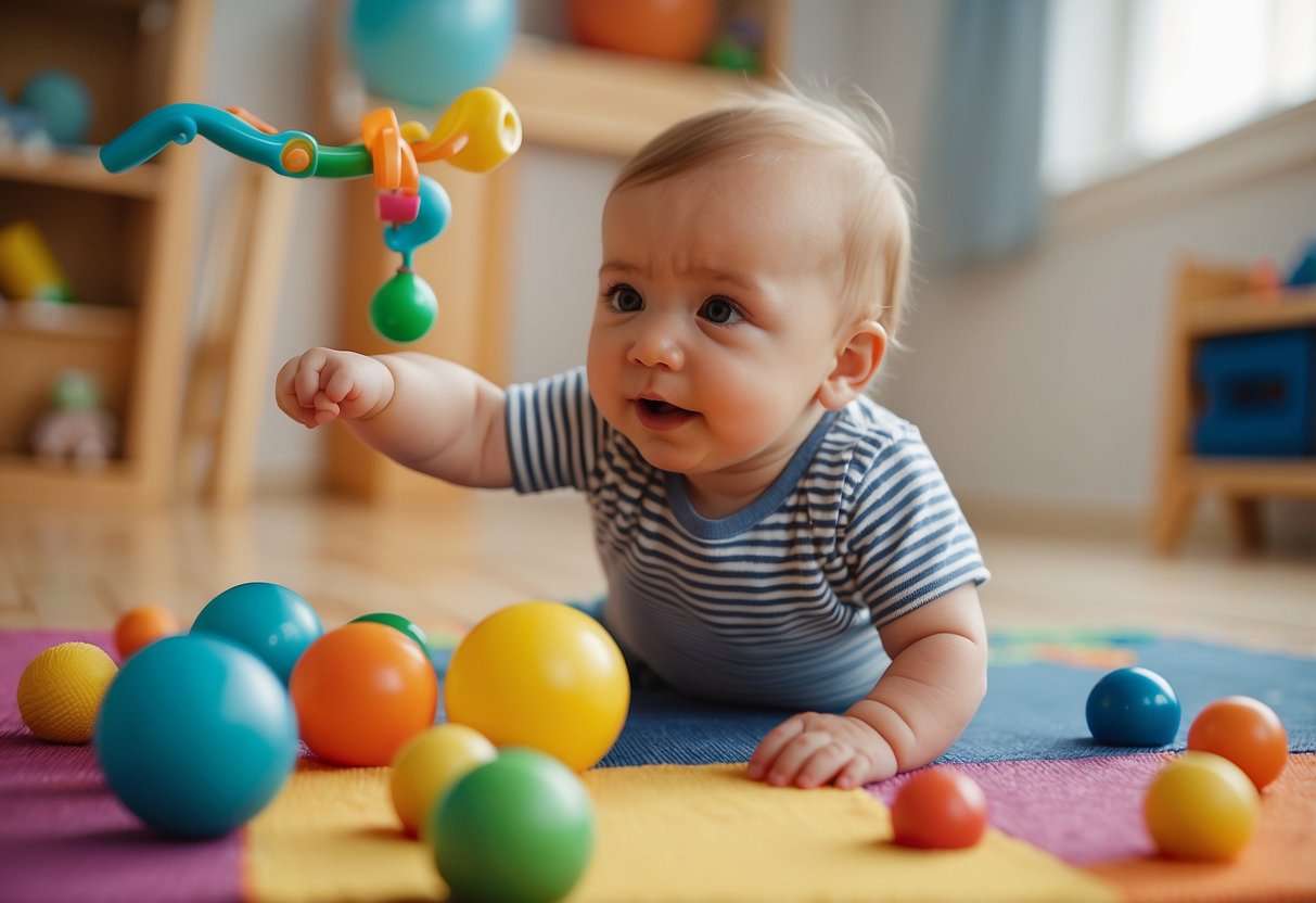 Babies under 1 year engage in fine motor activities at an activity gym. Toys, rattles, and textured objects are scattered around the mat. A baby reaches for a colorful ball, while another grasps a crinkly toy