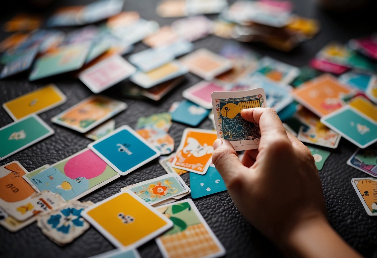 Colorful cards scattered on a soft surface, with various textures and shapes. A baby's small fingers reaching out to touch and explore the high-contrast patterns