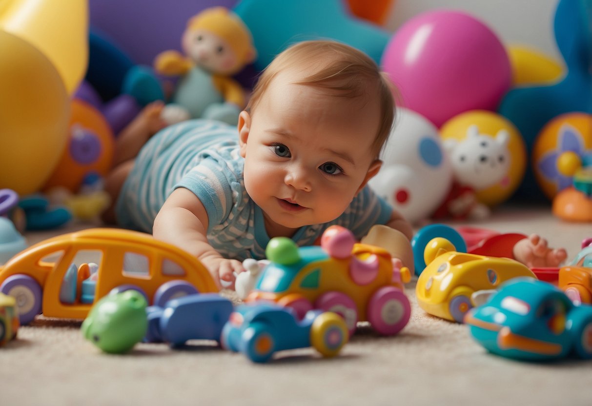 A baby lying on their tummy, reaching out to touch a colorful mirror surrounded by various toys and objects to grab and explore