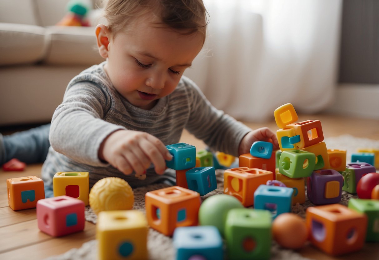 A baby playing with textured toys, reaching for crinkly books, and grasping small objects with their fingers