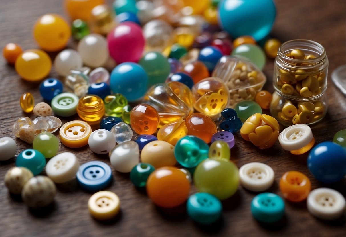 A table with various small objects such as beads, buttons, and small toys. A baby-safe container with different textures and shapes. A caregiver demonstrating the activities with the baby