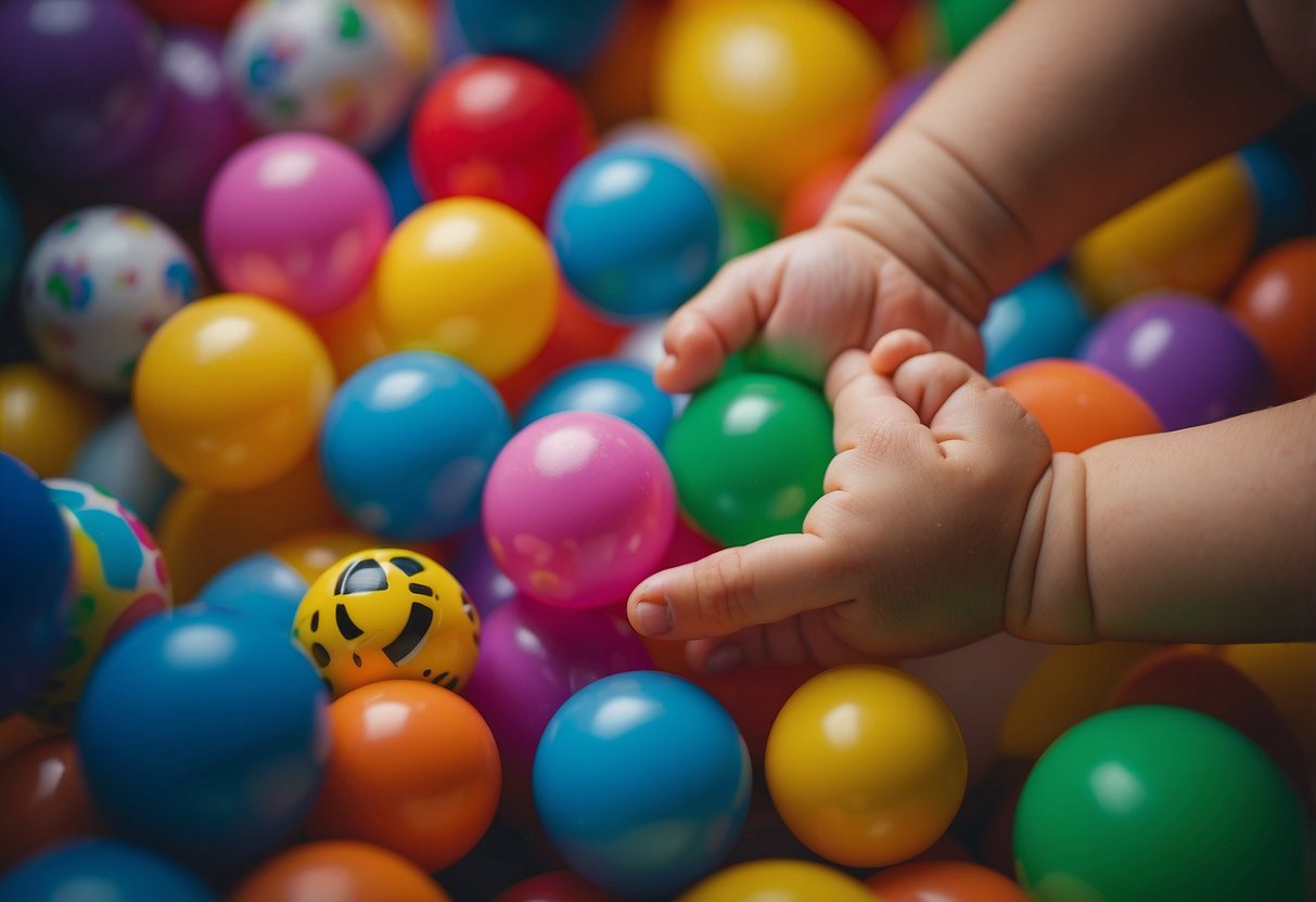 Brightly colored toys arranged in a circle around a baby. The baby is reaching out and grasping the toys, focusing on each one with intense concentration