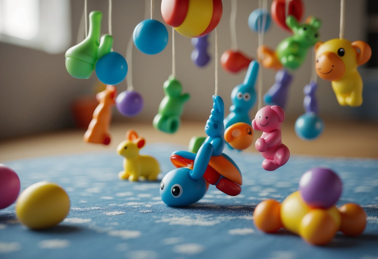 Colorful squeeze toys scattered on a soft, patterned playmat. A baby reaches out to grab one, while others hang from a mobile above