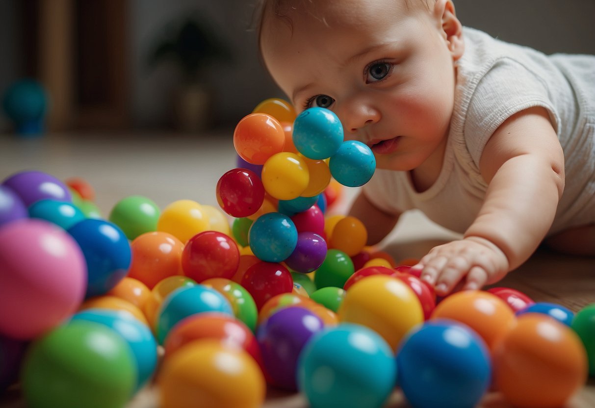 A baby reaching for a colorful toy, eyes focused on the object. Other toys scattered around, varying in size and texture. Bright, natural lighting illuminating the scene