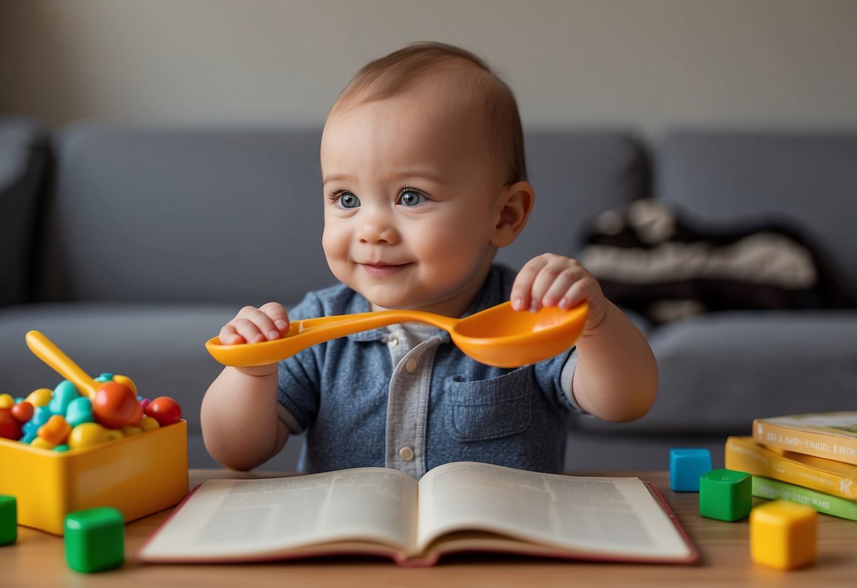 A baby grasps a small toy, picks up a crumb, and turns the pages of a board book with ease. They use a spoon to scoop up food and stack blocks without difficulty